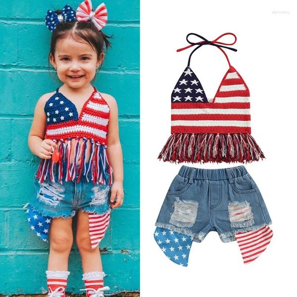 Conjuntos de roupas Focusnorm 1-6Y Dias de Independência Crianças Meninas Roupas 2 Pcs Star Stripe Malha Sem Mangas V Pescoço Borla Colete Top Denim Shorts