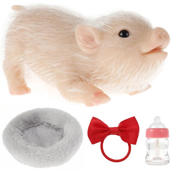 Silikon-Schwein-Puppenspielzeug mit Schwein-Schleife, Stillflasche, Schlafunterlage, Mini-weiche, lebensechte Tier-Schwein-Puppe, niedliches realistisches wiedergeborenes Schwein 240305