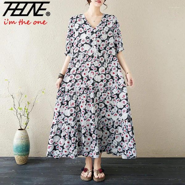 Partykleider Sommerkleid Frauen 2024 Bohemian Floral Print Vestidos De Mujer Pullover Baumwolle Casual Lose Vintage Urlaub Lange Maxi