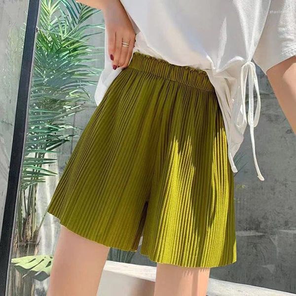 Shorts femininos xpqbb cor sólida plissado solto das mulheres 2024 verão cintura alta elástica esportes mulher causal verde calças curtas