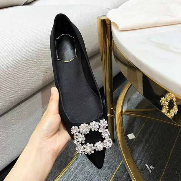 Sapatos de designer rv sapatos planos femininos água diamante botão quadrado fino médio seda pontiaguda estilo banquete casual tendência de casamento