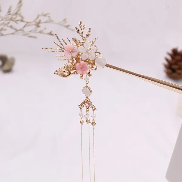 Grampos de cabelo chinês hanfu vara meninas borla hairpin para mulheres metal floral dourado bun garfos pauzinhos jóias vintage