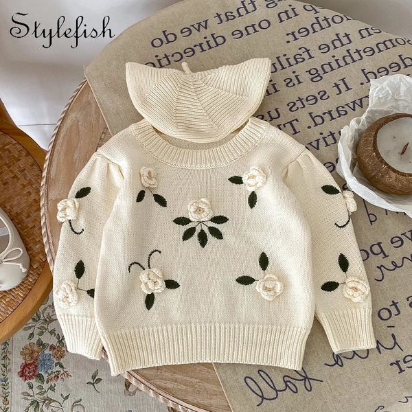 Ins primavera e outono 03 anos de idade menina bebê moda versátil artesanal flor bordado pulôver camisola de malha topo 240301