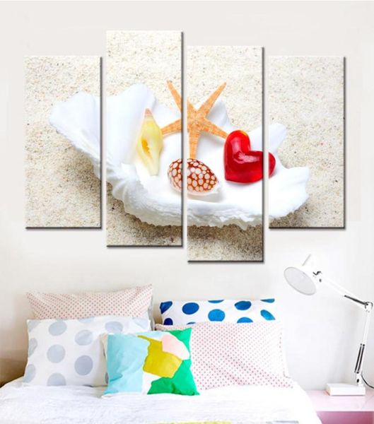 4 Panel Damla Çıkarılmamış Plaj Deniz Kabukları denizyıldızı deniz manzarası tuval duvar sanat boyası oturma odası için ev dekorasyonu8348778