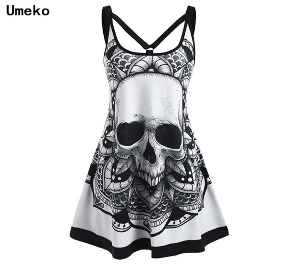 Umeko verão goth plus size crânio impressão feminina sem mangas mini vestido y2k senhoras vestidos casuais para tver dark academia alt roupas 29916570