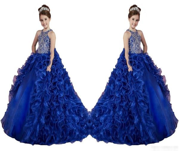 Luxo azul real meninas pageant vestidos babados contas de cristal princesa dança vestidos de baile crianças festa para casamento flor menina 1249256