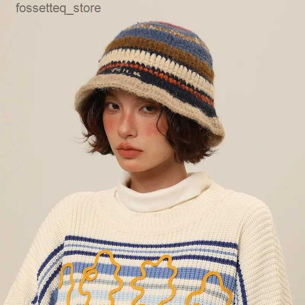 Breite Krempe Hüte Eimer Hüte Winter Koreanische Handgemachte Häkeln Gestreiften Eimer Hut Frauen Retro Kontrast Farbe Warme Fischer Hut Mädchen mode Gestrickte Mützen Hut L240309