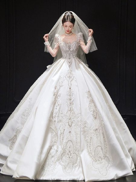 2024 Luxus funkelnde Bling Brautkleider Brautkleider Arabisch Dubai ärmellose Falten Vintage Kathedrale Schleppe lange Ärmel Brautkleid nach Maß Robe de Mariage