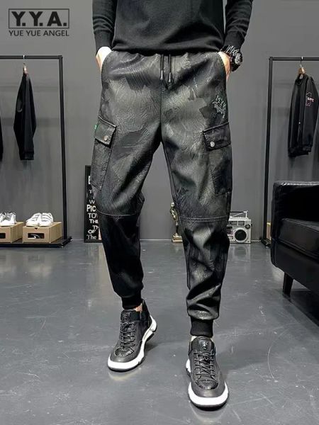 Hosen Streetwear Punk Pu Leder Jogginghose Männer Kordelzug Schlanke Motorrad Hosen Knöchel Länge Herren Hosen Persönlichkeit Cargo Hosen