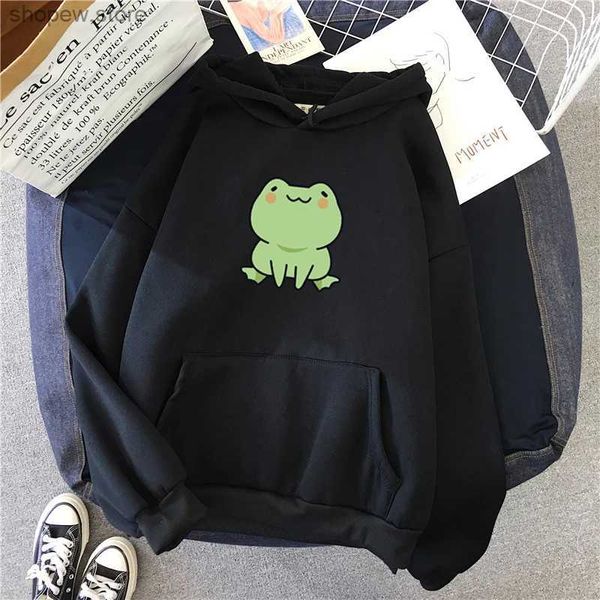 Moletons masculinos Moletons Sapo Moletom Roupas de desenho animado Harajuku Manga comprida com capuz Kawaii Moletom com capuz para meninas Inverno Fleece Hoodies Bolso Verde Tops