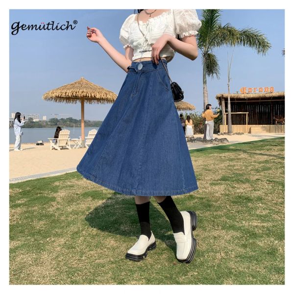 Vestidos gemutlich feminino denim saia forrado solto largo alargamento cintura elástica vintage saia longa s9xl tamanho grande qualidade superior novo 2023