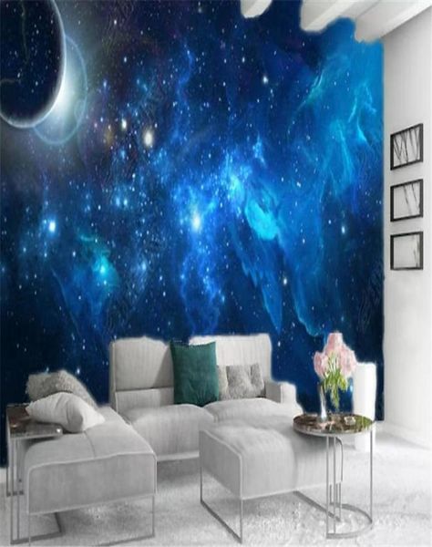 Papel de parede 3d para decoração de casa, espaço azul, planeta brilhante, sala de estar, quarto, pintura, mural, papel de parede 2323606