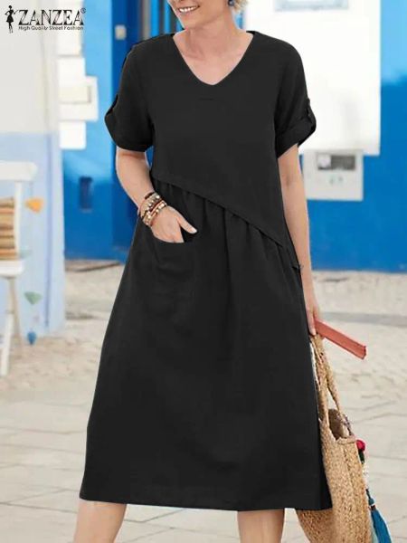 Kleid ZANZEA Frauen VNeck Party Kleider Mode Sommer Kleid Elegante Kurzarm Urlaub Robe Casual Solide Lose Arbeit Vestidos Kaftan