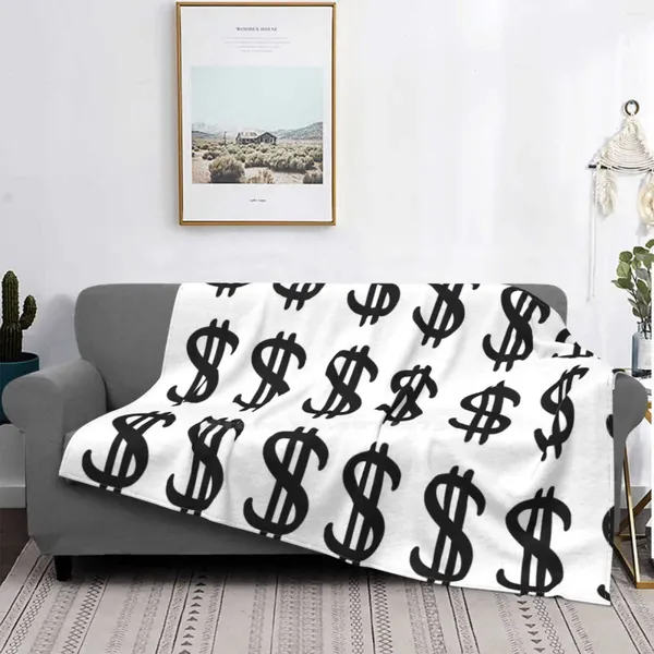 Coperte Modello con simbolo del dollaro - simbolo USD Illustrazione in bianco e nero Design creativo, leggera, sottile, morbida coperta di flanella