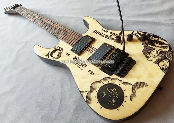 Custom rivela Kirk Hammett Kh Ouija Natural Electric Guitar Quilted Maple Top Inverse Pathstock Floyd Rose Tremolo China Pickup Active EMG Baschetta batteria 9V