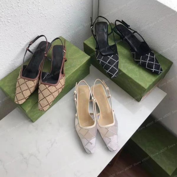 Tasarımcı Sandalet Slingback yüksek topuklu ayakkabılar Sığ kesilmiş G Sandal Orta Topuklu Siyah örgü Kristaller Fırıltılı Baskı Ayakkabı Kauçuk Deri ayak bileği kayış Kadın Terlik