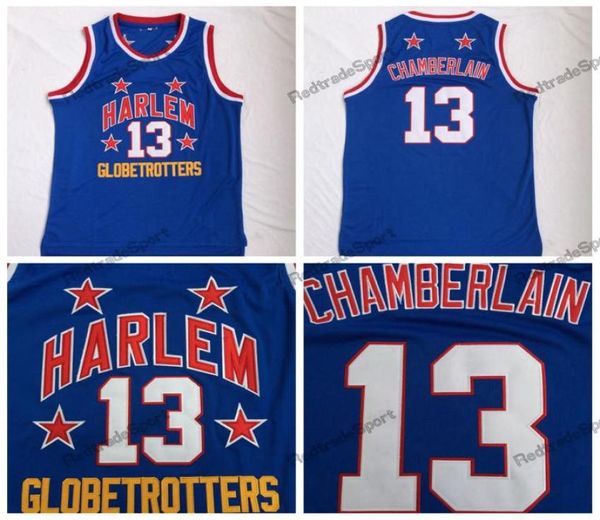 Mens Wilt Chamberlain Harlem Globetrotters 13 Basquete Jerseys Vintage Azul Bordado Camisas Costuradas SXXL5130112