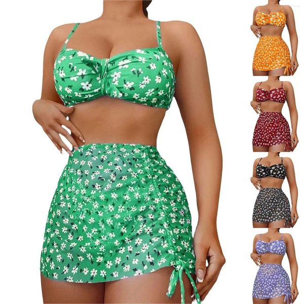 Mulheres Swimwear Impressão Digital Malha Três Peças Bikini Split Swimsuit Menina Sexy Triângulo 90s Recorte Manga Curta