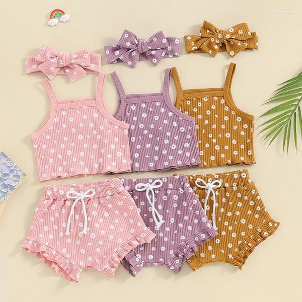 Conjuntos de roupas 0-18m verão nascido bebê meninas roupas com nervuras floral impressão sem mangas tanques topos babados cordão shorts roupas de praia