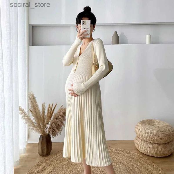 Umstandskleider 6813# Herbst Winter Koreanische Mode Gestrickte Umstandspullover Kleid Elegante A-Linie Schlanke Kleidung für Schwangere Frauen Heiße Schwangerschaft L240308