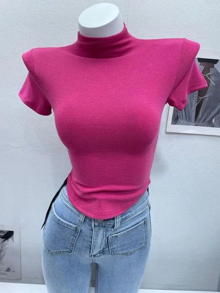 Mulheres camisetas SY'sYouthly Curto Crop Top Mock Neck Base Slim Mulheres Irregular Hem Verão Manga Algodão Camisa Sólida