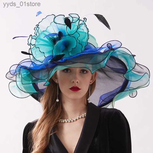 Cappelli a tesa larga Cappelli a secchiello Cappelli estivi in organza Kentucky Dey per le donne Cappelli eleganti da fascinatore Cappello da sposa da chiesa a tesa larga grande da donna con grande fiore L240308