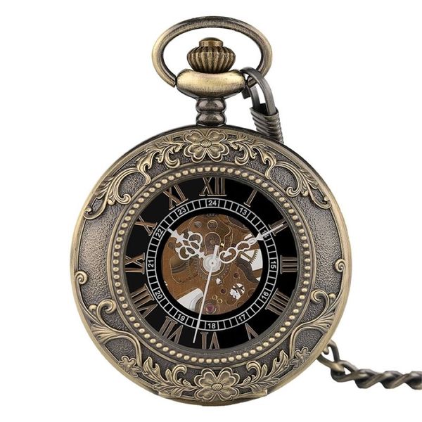 Clássico pingente corrente mão enrolamento relógio de bolso mecânico masculino steampunk esqueleto feminino escultura colar relógio presente natal t2005022612