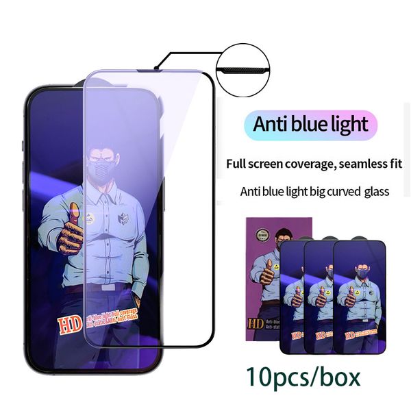 Vidro temperado anti-raio azul para iPhone 11 12 15 14 13 Pro Max 12 Mini XR XS Max Cobertura total Protetor de tela Capa à prova de poeira Película protetora 10 unidades / caixa