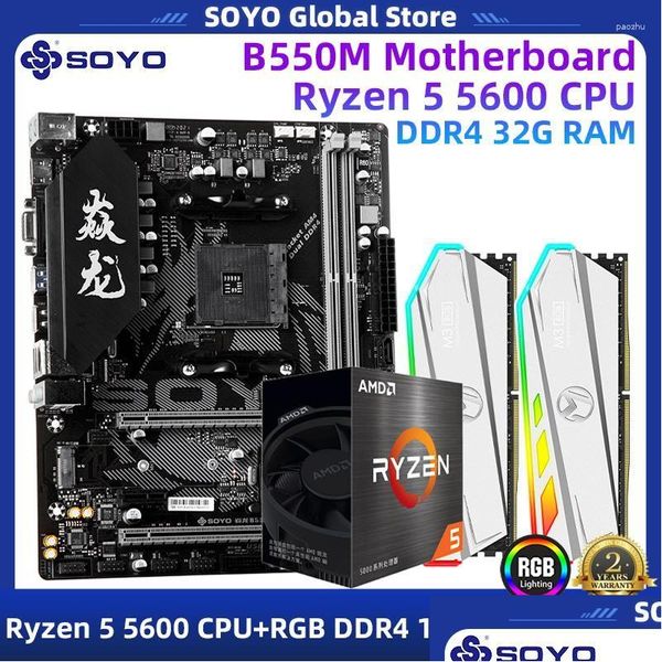 Placas-mãe Soyo B550M Kit de placa-mãe e memória de processador Ryzen 5 5600 Cpu Rgb Iluminação Ram DDR4 16GBx2 3200mhz para desktop Drop D Dh8Ix