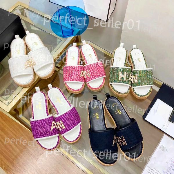 Hausschuhe Großhandel Holz Slipper Frauen sexy Sandale flach Sliders Luxus Designer Slide Beach Neue Sommer Mule Canvas Stroh Pool Outdoor Leder Plateau Sandale