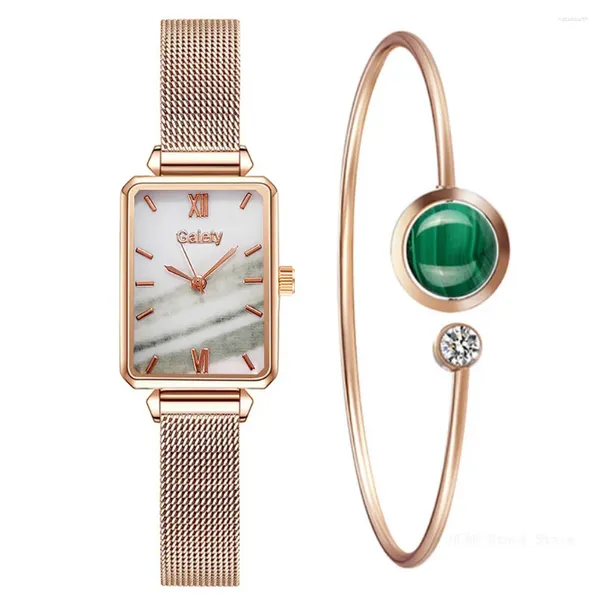 Armbanduhren Damenuhren Fashion Square Damen Quarzuhr Armband Set Grünes Zifferblatt Einfaches Roségold Mesh Luxus 8438