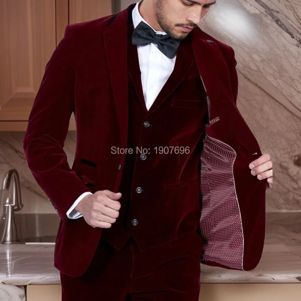 Anzüge Burgunder Velvet Men Suits Slim Fit for Wedding 3 Stück American Style Prom Bräutigam Smoking Mode Rauchjacke mit Hosenweste