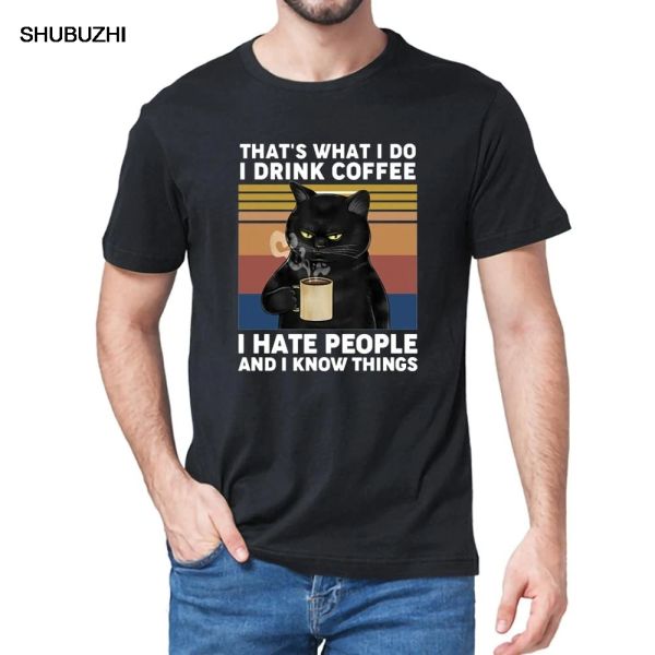 T-Shirt Lustige schwarze Katze Das ist, was ich tue, ich trinke Kaffee, ich hasse Menschen Vintage Sommer Herren Baumwolle T-Shirt Humor Geschenk Frauen T-Shirt Tops
