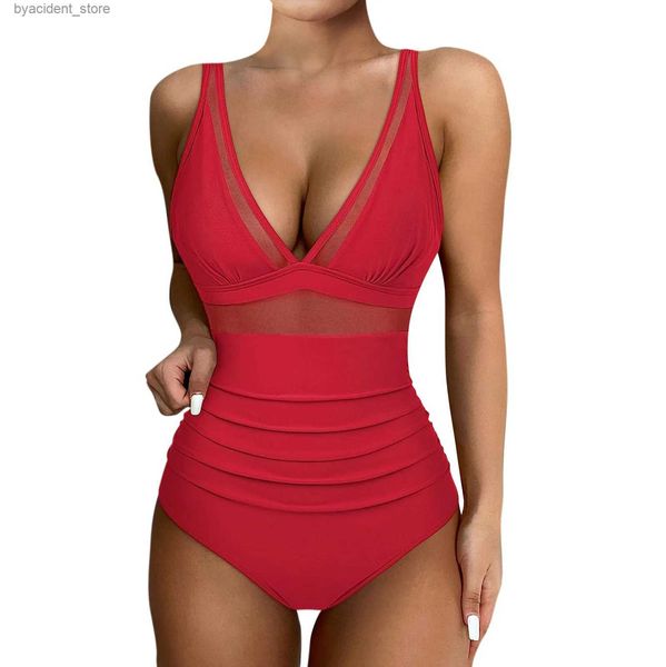 Mulheres Swimwear Mulheres Monokini Sexy V-Neck One Piece Swimsuit Malha Patchwork Swimwear Mulher Sólida Verão Praia Natação Terno S-2XL L240308