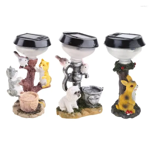 Decorações de jardim dos desenhos animados estátua aanimal luz solar gatinho filhote de cachorro resina figura escultura lâmpada arte artesanato ornamentos dropship