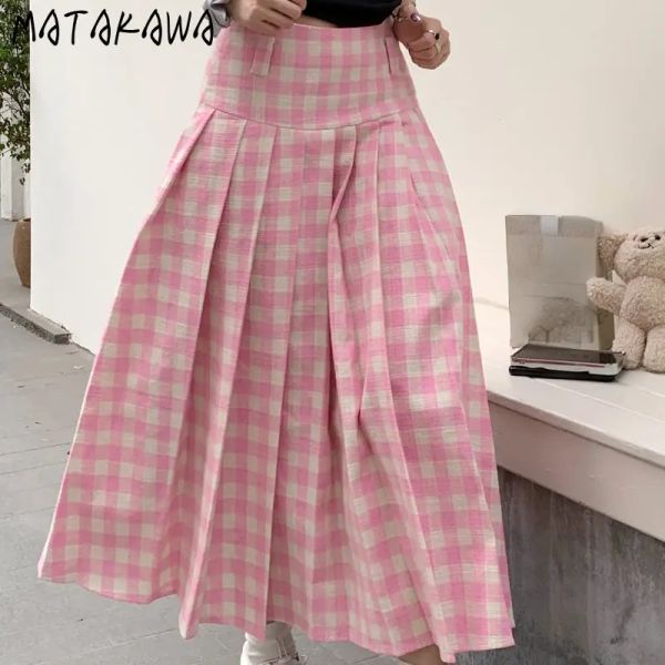 Kleider Matakawa Pink Plaid Frauen Röcke hohe Taille Aline koreanische Mode süße Faldas Kontrast Farbe Frühling Sommer Vintage Long Rock