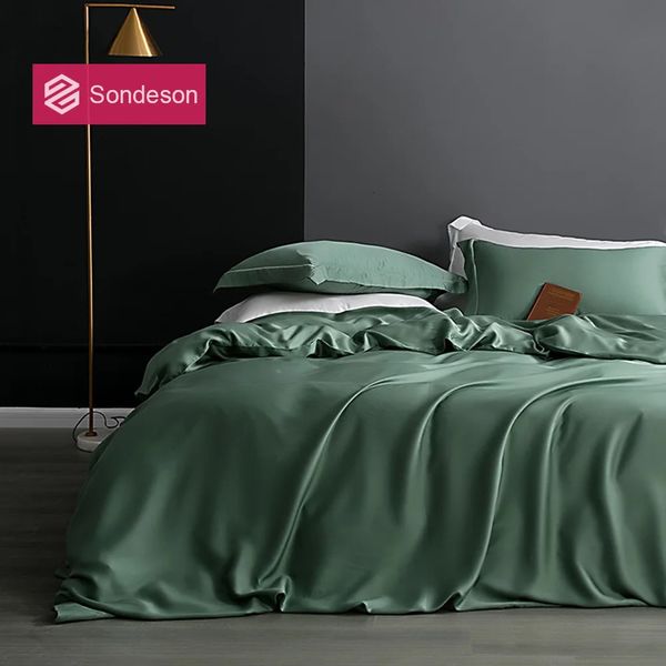 Sondeson Luxus-Bettwäsche-Set aus 100 % Seide, grün, 25 Momme, gesunde Haut, Bettbezug, Bettlaken, Kissenbezug, Queen-Size-Bett, 240226