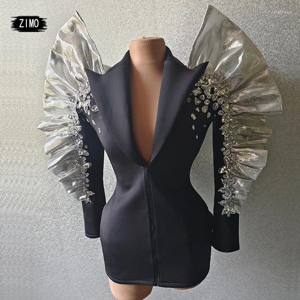 Bühnenkleidung Mode Strass Kleid Schwarz Tiefer V-Ausschnitt Puffärmel Club Party Geburtstag Leistung Hochzeit Tanz Drag Queen Kostüm