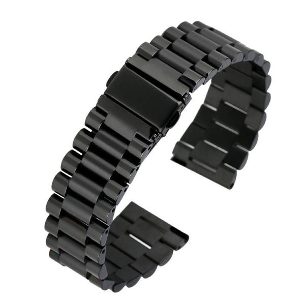 Assista Bandas Superior Preto Banda de Aço Inoxidável Círculo Cinta Firme Dobrável Fecho com Segurança Unisex Relógio de Pulso Pulseira 20mm 22 MM2389