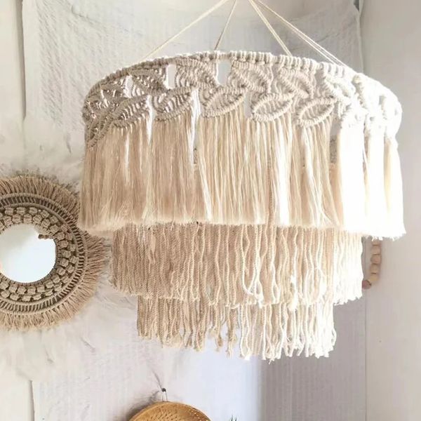 Nordic tecido pendurado tapeçaria boêmio macrame borla lâmpada sombra abajur boho pendurado luz capa sala de estar decoração casa 240304