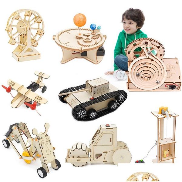 Inteligência brinquedos montagem modelo de construção brinquedos para crianças 3d quebra-cabeça de madeira kit mecânico haste ciência física brinquedo elétrico crianças xma dhr0o