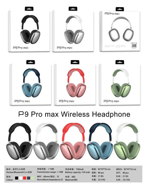 P9 Pro Max Wireless Cuffie Wireless Bluetooth Gaming Aurnello Gaming Hifi Stereo Sound per il lavoro di viaggio