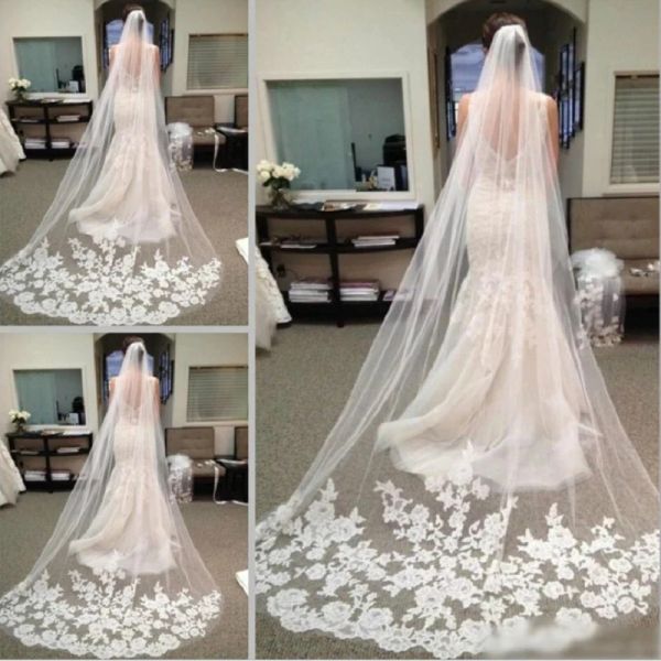 Stock Bianco Avorio Bordo in pizzo Veli Cattedrale Lunghezza Velo da sposa da sposa 1 livello Lungo Voile Mariage Tulle Veu De Noiva CPA219