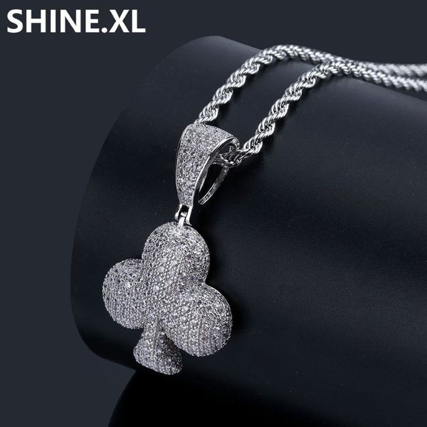 Collana con ciondolo poker in argento dorato Picche quadrati Fiori di pesco Fiori di pruno Ghiacciati Gioielli con zirconi per regalo di compleanno306o