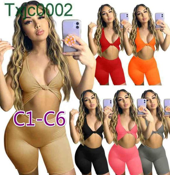 Macacões femininos sexy magro designer verão cor sólida sem mangas colete com decote em v shorts macacão oco para fora calças apertadas 6 styl6276636