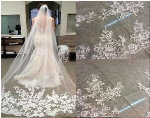 2018 acessórios de noiva vestidos de casamento véus branco marfim bela catedral comprimento renda borda longo véu de noiva novo barato nupcial ac3902415