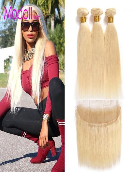 10a Güteklasse 613 Blonde Bundles mit Frontal vorgezupft Gerade rohes reines indisches Haar Honig Platin Blonde Bundles mit Verschluss R2128713