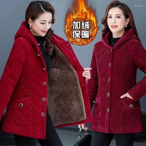 Frauen Trenchcoats Winter Jacke Cord Baumwolle Gepolstert 2024 Samt Warme Mit Kapuze Weibliche Parkas Frauen Mittleren Alters Outwaer Mantel