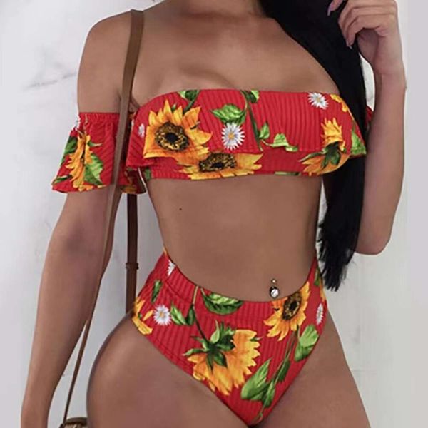 2024 Nuovo costume da bagno bikini sexy a vita alta con stampa su una linea divisa in spalla con bordo in foglia di loto 95ZK