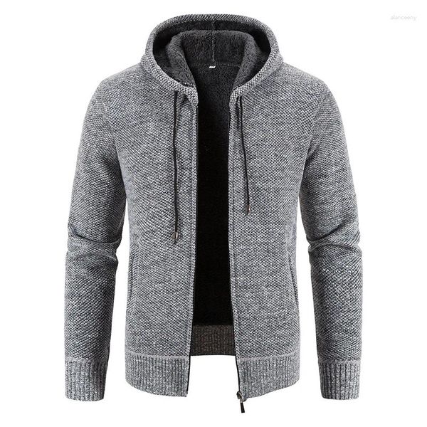 Camisolas masculinas com capuz cardigan zíper camisola 2024 inverno homens cor pura casual plush engrossado jaqueta casaco roupas